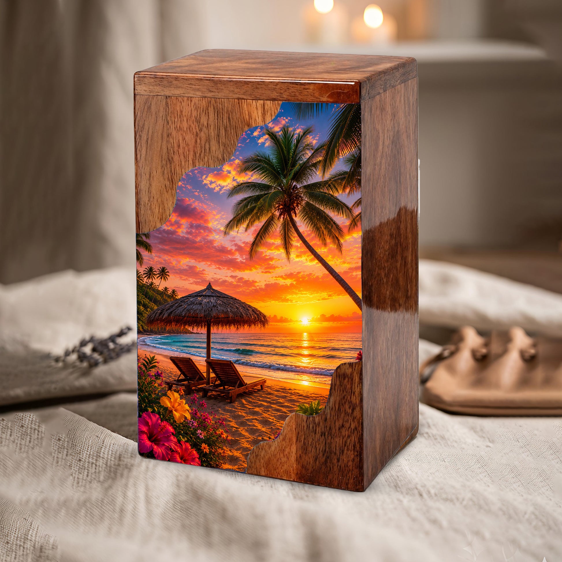 Paradise Wooden Cremation Urn – Beach Theme Wooden Urn for Human Ashes
