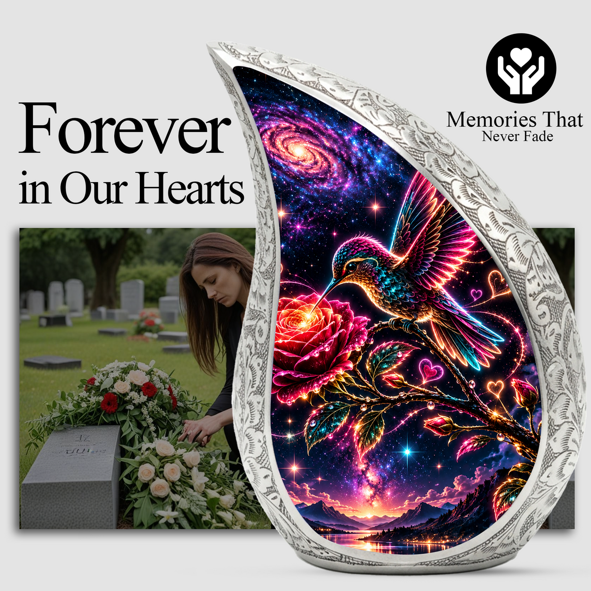 Hummingbird Adult Urn for Ashes, Hummingbird and Rose Cremation Urn for Human Ashes