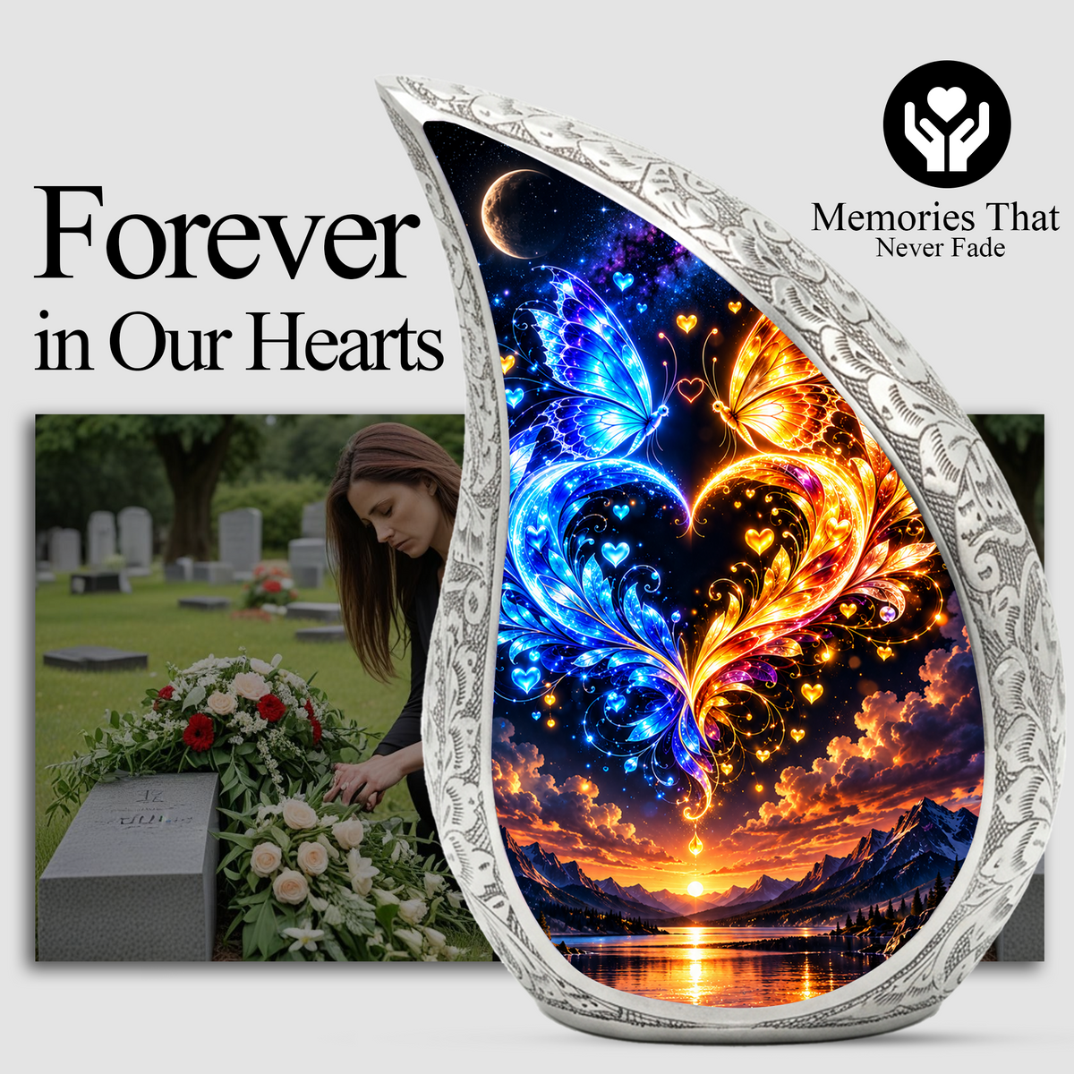 Butterfly Adult Urn for Ashes, Blue and Gold Butterfly Cremation Urn for Human Ashes