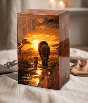 Lion Wooden Cremation Urn – Sunset Memorial Urn for Human Ashes | Strength, Love & Eternal Connection Wooden Urn