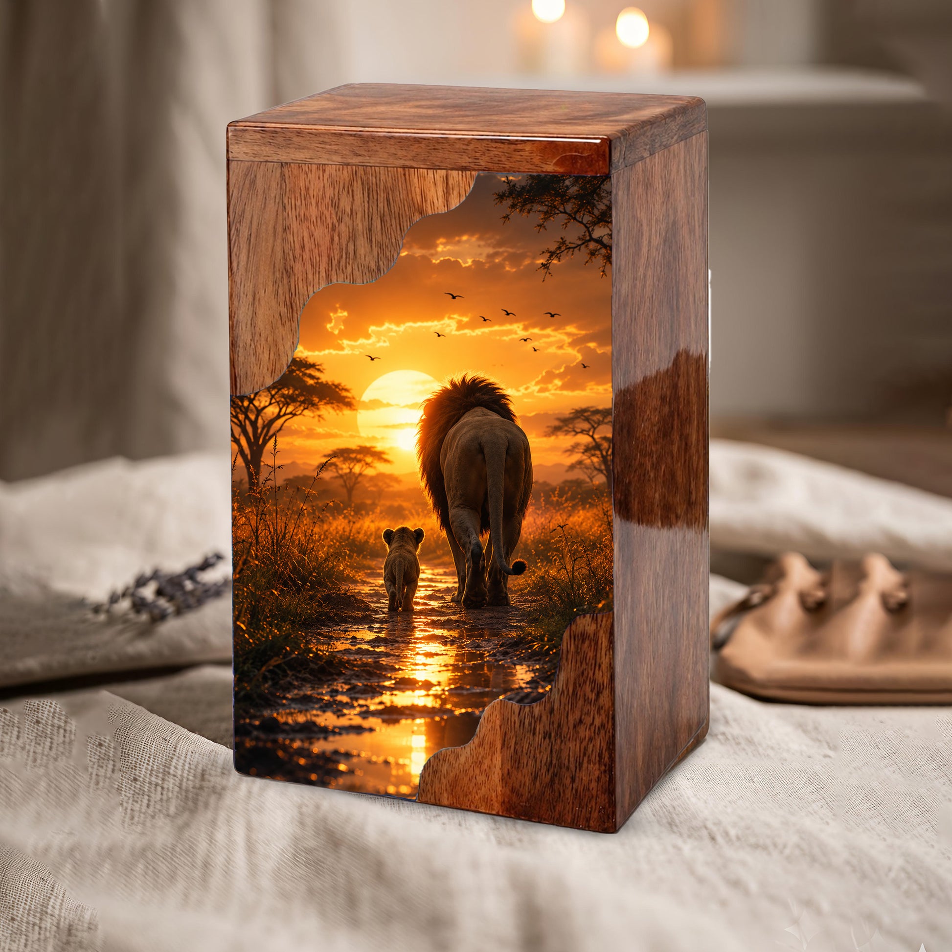 Lion Wooden Cremation Urn – Sunset Memorial Urn for Human Ashes | Strength, Love & Eternal Connection Wooden Urn