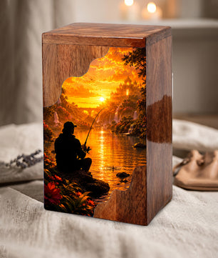Eternal Waters Fishing Wooden Cremation Urn – Personalized Memorial Urn for Human Ashes
