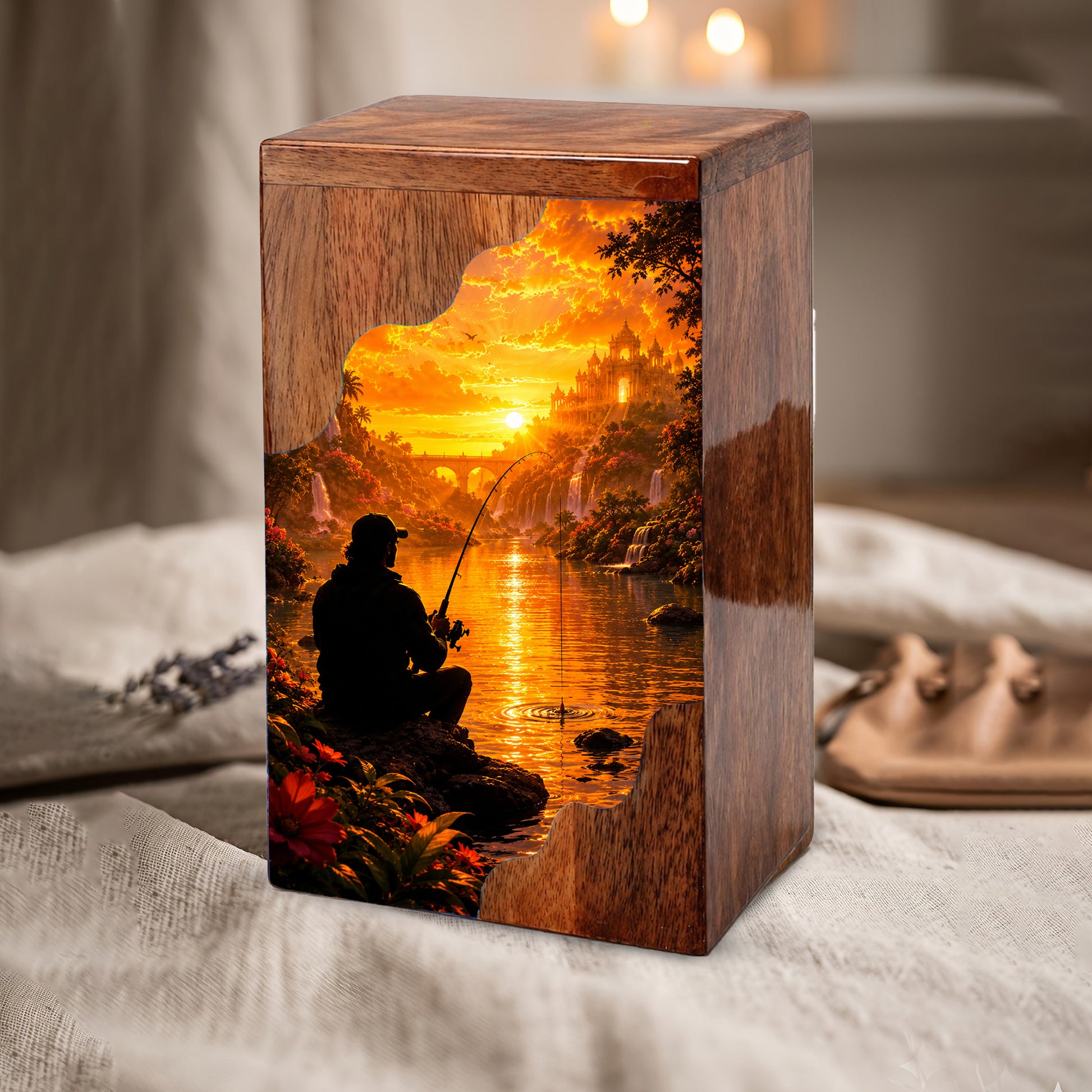 Eternal Waters Fishing Wooden Cremation Urn – Personalized Memorial Urn for Human Ashes