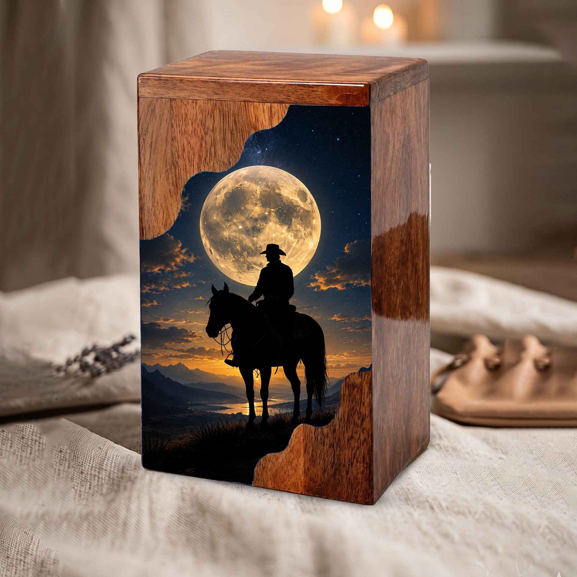 Cowboy Wooden Cremation Urn for Human Ashes