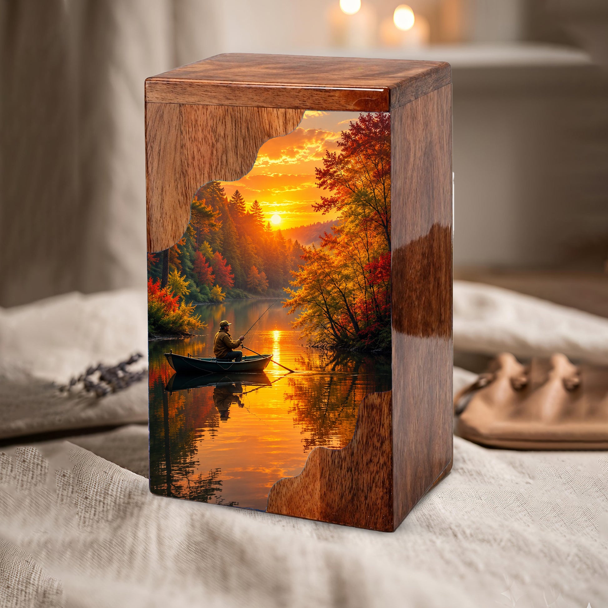 Fishing Wooden Cremation Urn – Gone Fishing Memorial Urn for Human Ashes