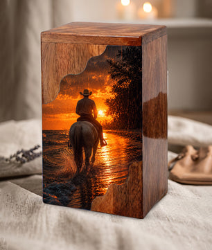 Western Cowboy Wooden Cremation Urn for Human Ashes