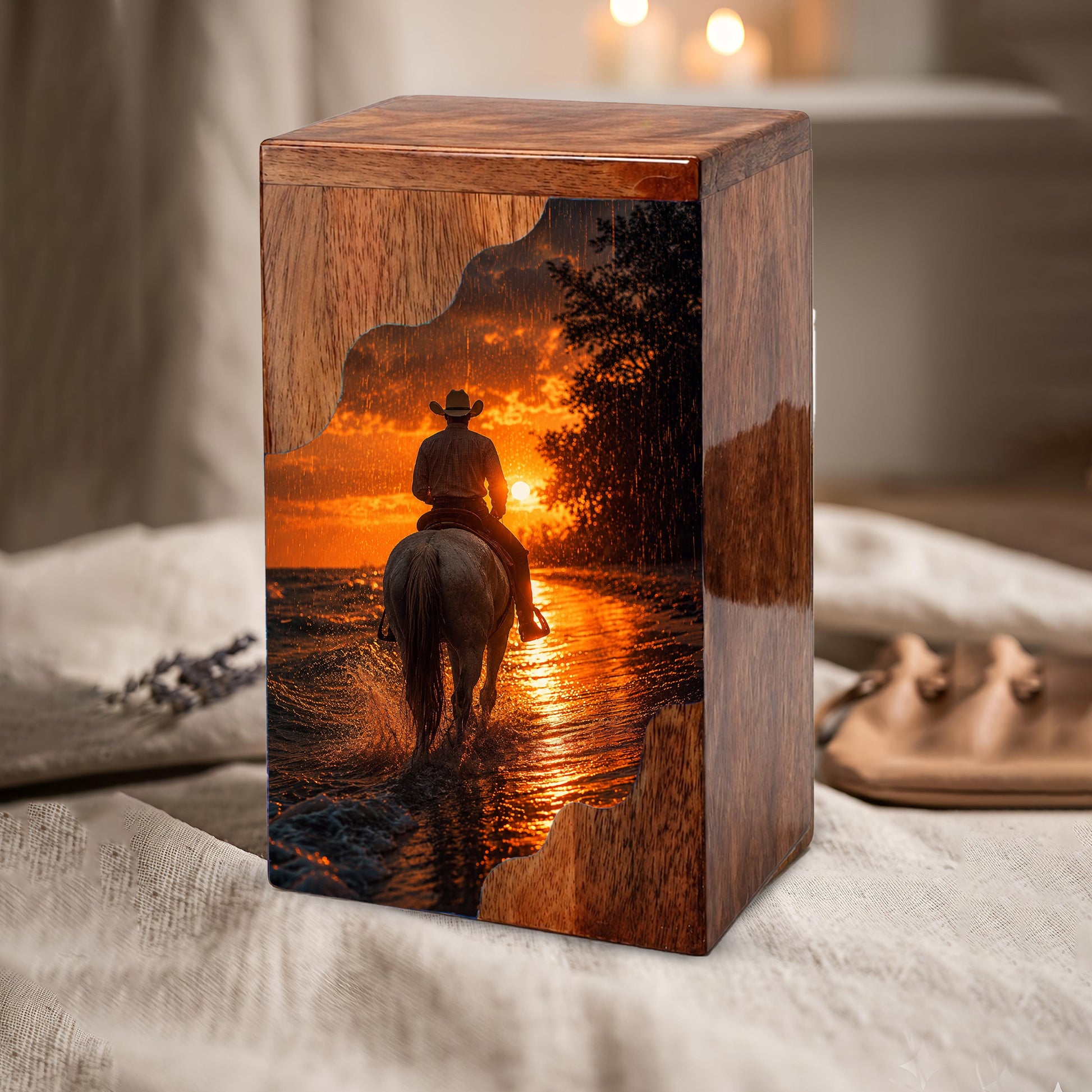Western Cowboy Wooden Cremation Urn for Human Ashes