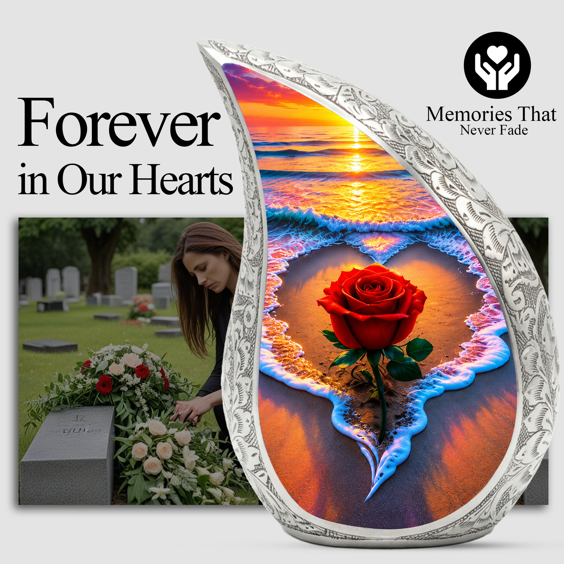 Red Rose Ocean Sunset Urn for Ashes | Beach Urn for Human Ashes, Ocean Wave Cremation Urn