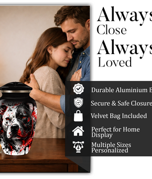 Personalized Pitbull Cremation Urn for Ashes  Black and White Pet Portrait Urn with Red Accents