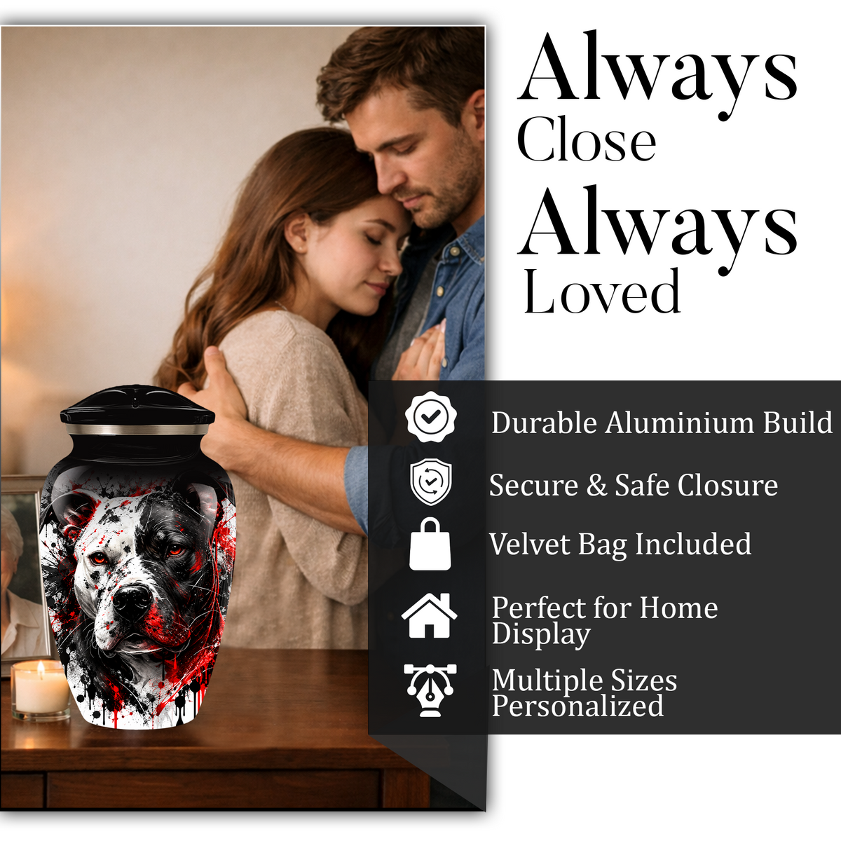 Personalized Pitbull Cremation Urn for Ashes  Black and White Pet Portrait Urn with Red Accents