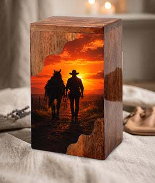 Cowboy Wooden Cremation Urn – Sunset Horse Memorial Urn for Human Ashes | Rustic Tribute Urn for Dad