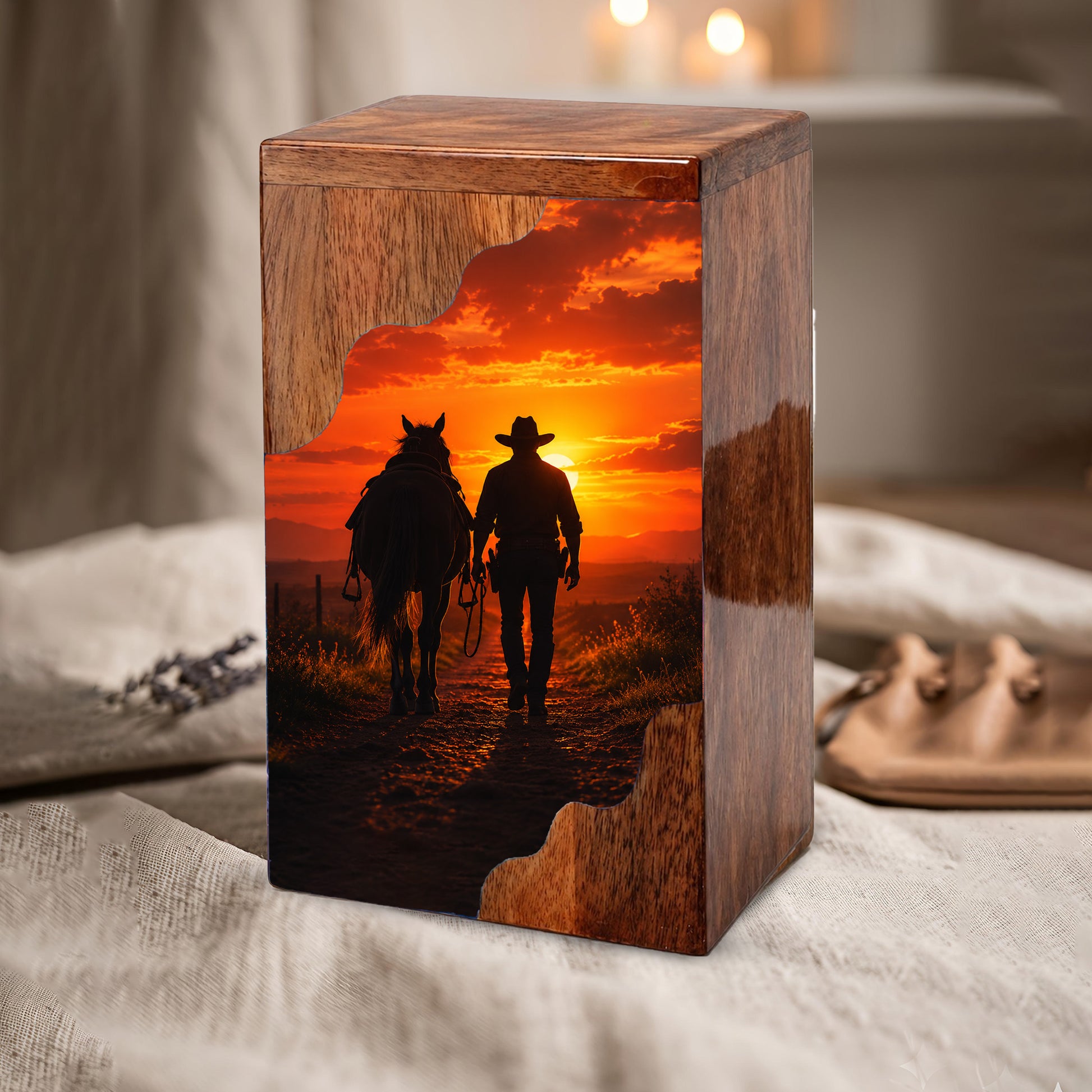 Cowboy Wooden Cremation Urn – Sunset Horse Memorial Urn for Human Ashes | Rustic Tribute Urn for Dad