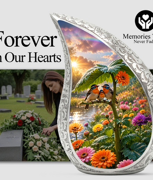 Bird Family Garden Adult Urn – Floral Nature Adult Cremation Urn for Human Ashes