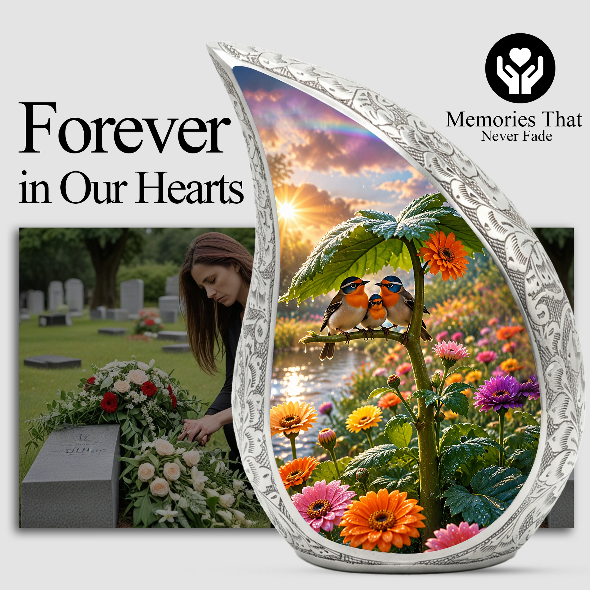 Bird Family Garden Adult Urn – Floral Nature Adult Cremation Urn for Human Ashes