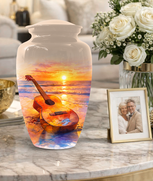 Guitar Urn for Ashes, Beach Sunset Cremation Urn, Custom Memorial Urn, Music Lover Urn