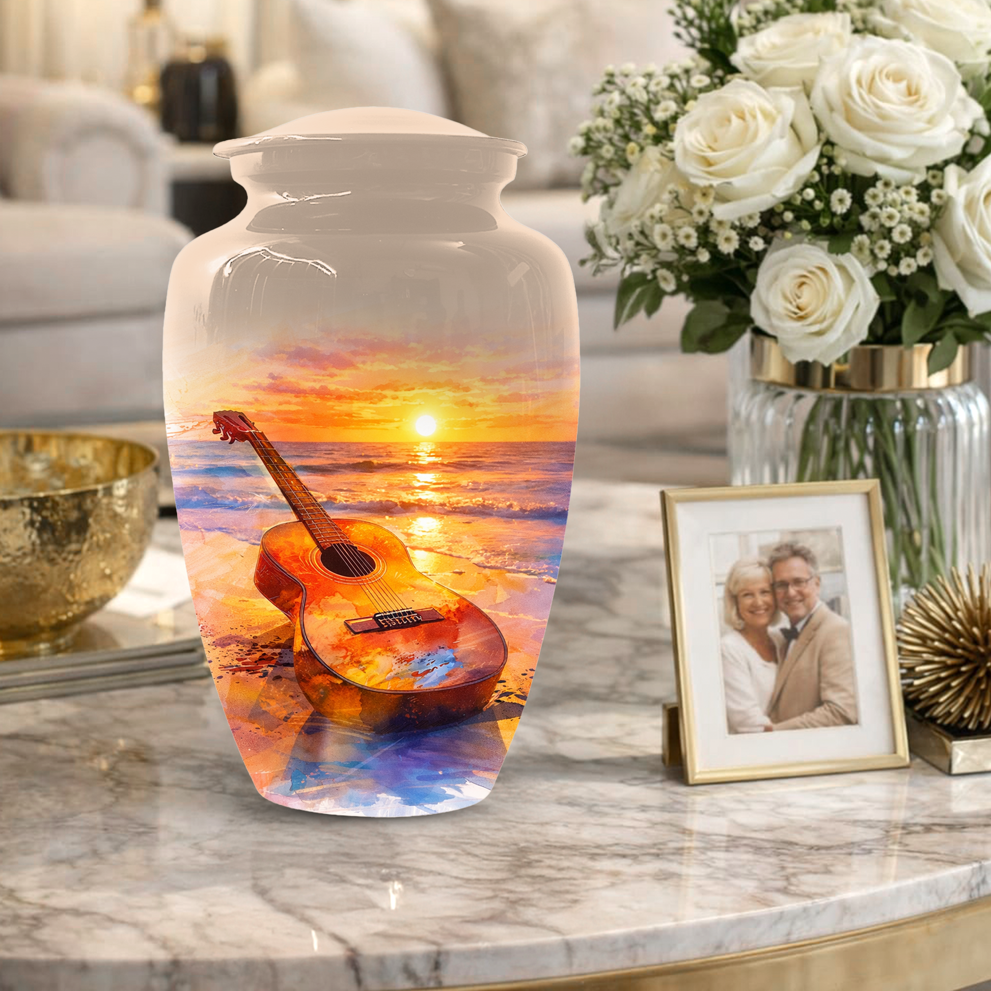 Guitar Urn for Ashes, Beach Sunset Cremation Urn, Custom Memorial Urn, Music Lover Urn