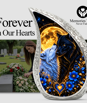 Wolf Couple Cremation Urn for Ashes, Personalized Adult Urn, Black and White Wolf Memorial Urn