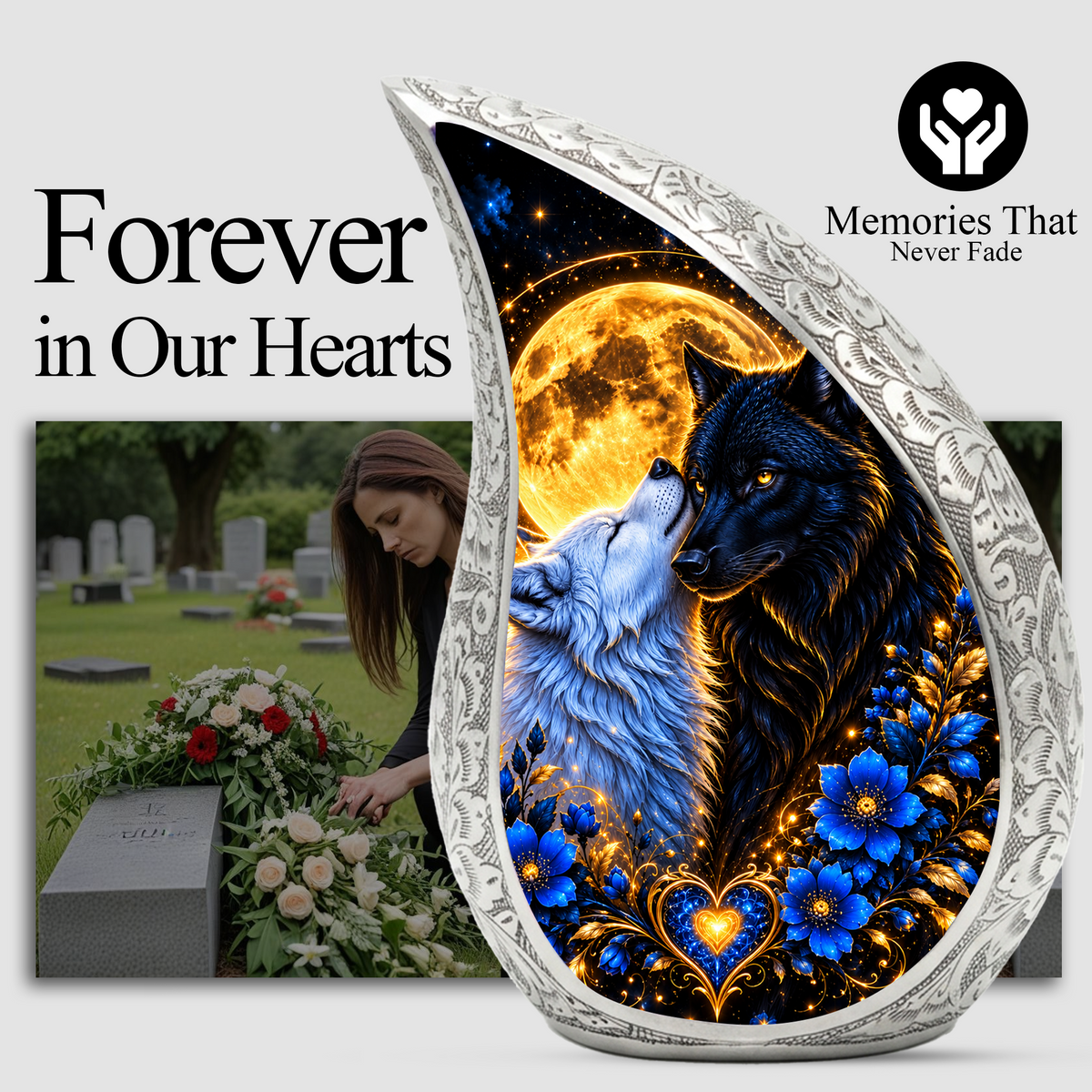Wolf Couple Cremation Urn for Ashes, Personalized Adult Urn, Black and White Wolf Memorial Urn