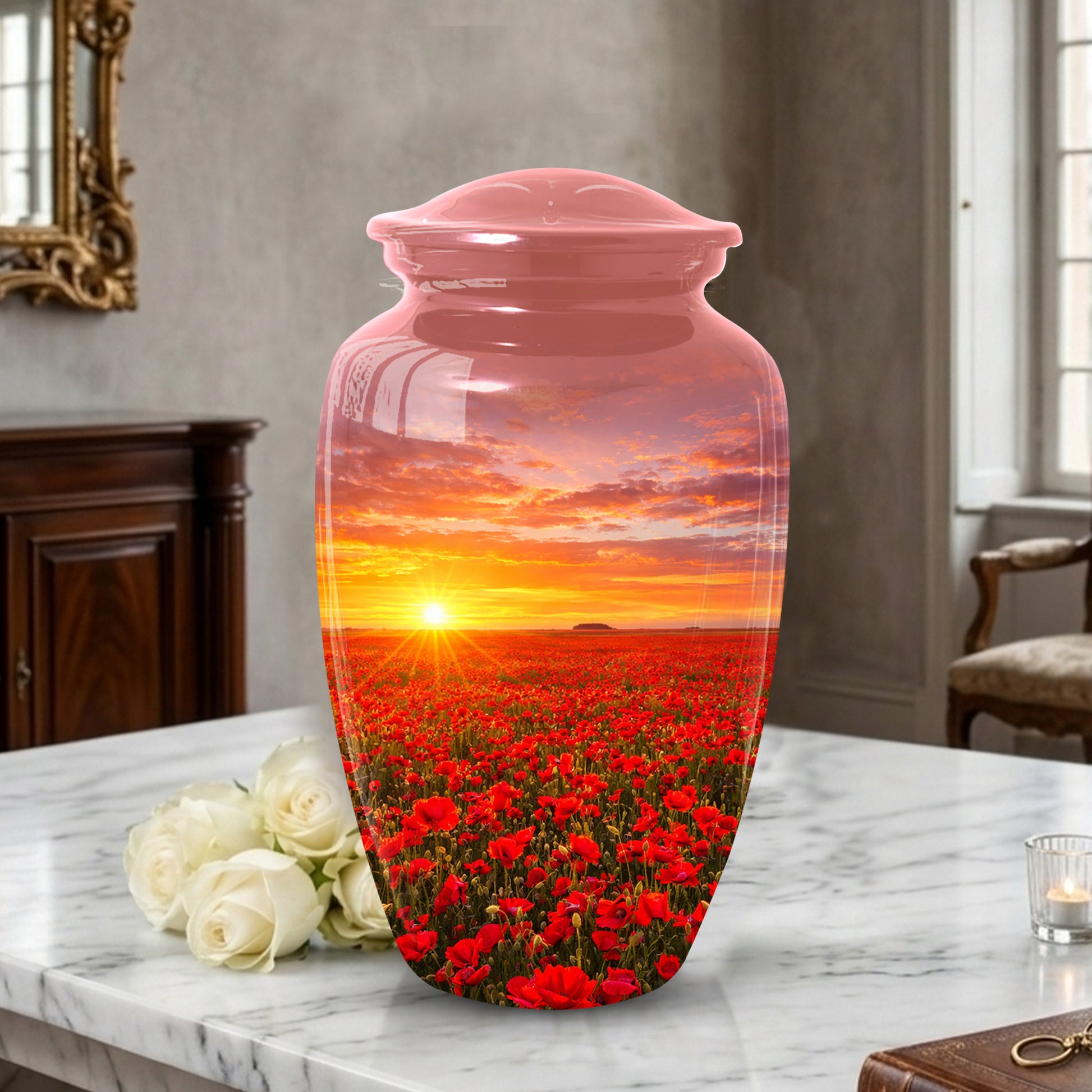 Poppy Flower Urn for Mom, Sunset Cremation Large Urn for Ashes