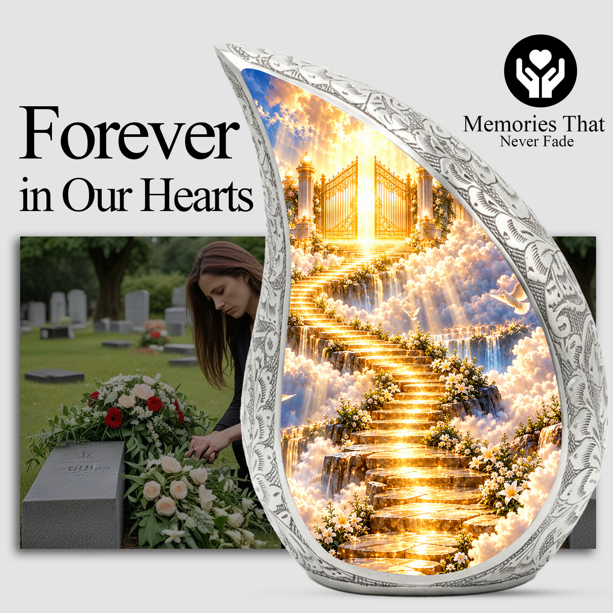 Heavenly Gates Cremation Urn for Adult Ashes, Golden Stairway Memorial Urn