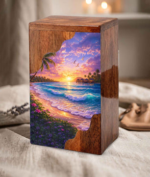 Beach Wooden Cremation Urn – Ocean Sunset Memorial Urn with Tropical Coastal Design