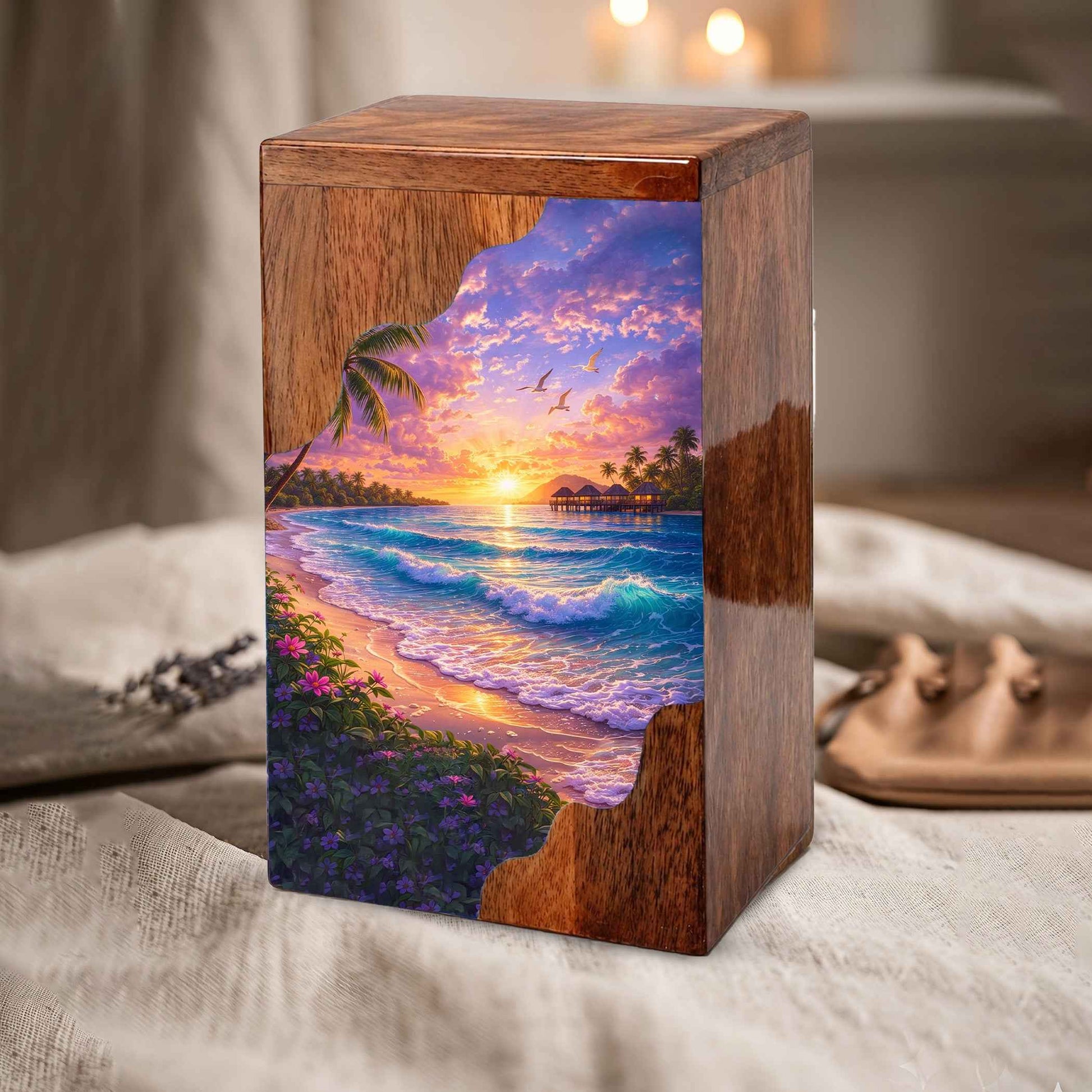 Beach Wooden Cremation Urn – Ocean Sunset Memorial Urn with Tropical Coastal Design