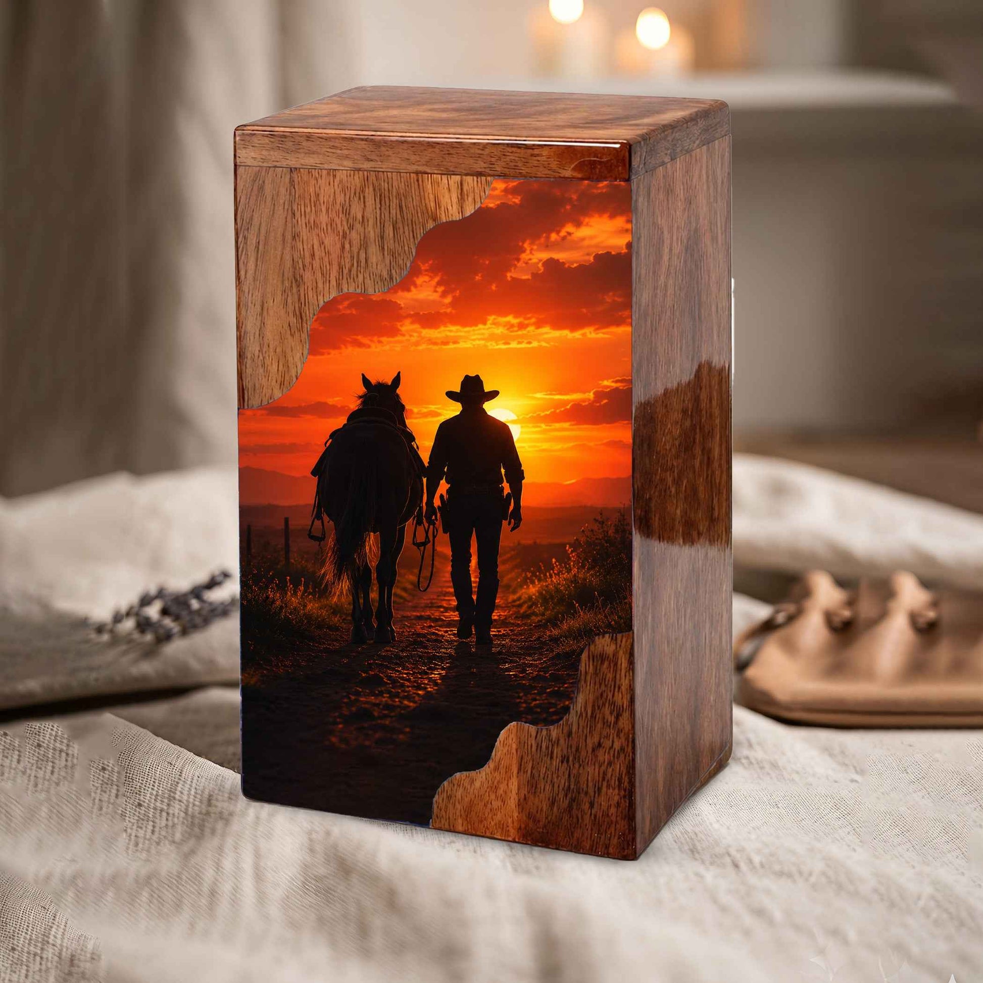 Cowboy Wooden Cremation Urn for Dad, Western Urn
