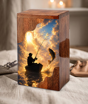 Heavenly Fishing Wooden Cremation Urn – Personalized Memorial Urn for Human Ashes