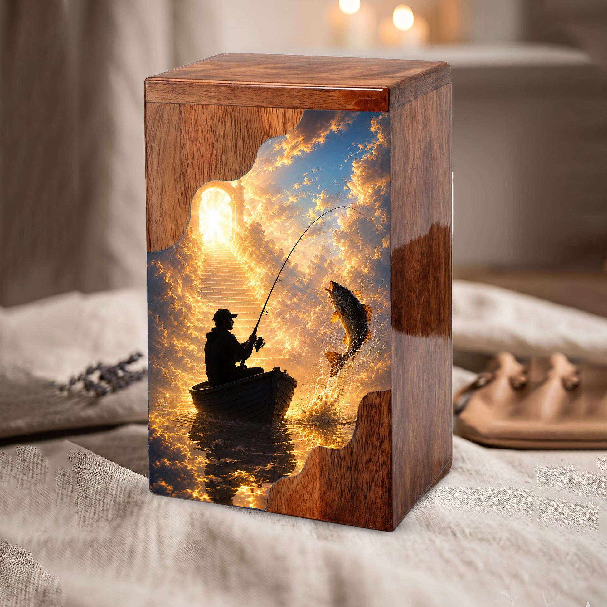 Heavenly Fishing Wooden Cremation Urn – Personalized Memorial Urn for Human Ashes