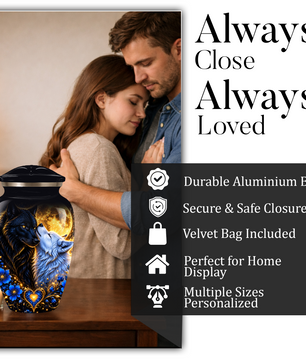 Personalized Wolf Cremation Urn for Ashes, Black and White Wolf Memorial Urn, Blue Floral Adult Urn, Custom Adult Urn