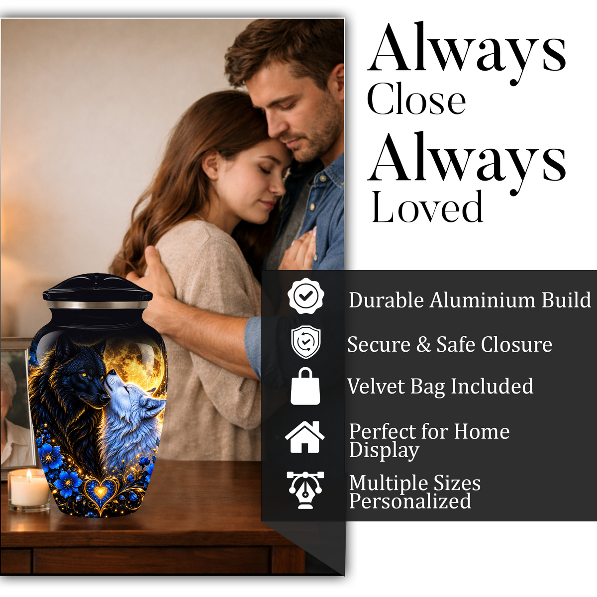 Personalized Wolf Cremation Urn for Ashes, Black and White Wolf Memorial Urn, Blue Floral Adult Urn, Custom Adult Urn