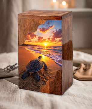 Sea Turtle Sunset Wooden Cremation Urn – Adult Wooden Urn for Human Ashes | Beach Memorial Urn
