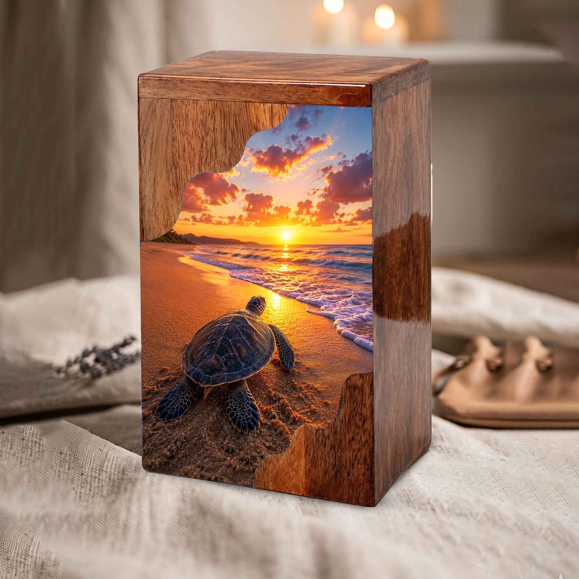 Sea Turtle Sunset Wooden Cremation Urn – Adult Wooden Urn for Human Ashes | Beach Memorial Urn