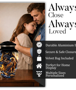 Wolf and Eagle Cremation Urn for Adult Ashes, Black Memorial Urn with Golden Eagle, Majestic Wolf and Celestial Artwork