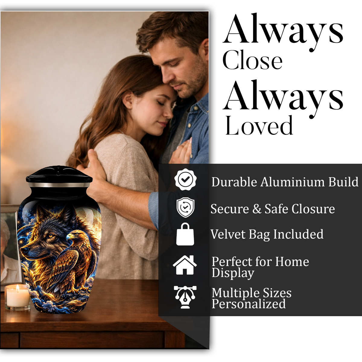Wolf and Eagle Cremation Urn for Adult Ashes, Black Memorial Urn with Golden Eagle, Majestic Wolf and Celestial Artwork