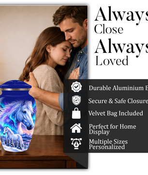 White Horse Cremation Urn for Adult Ashes, Blue Memorial Urn with Snowy Mountain and Northern Lights Artwork