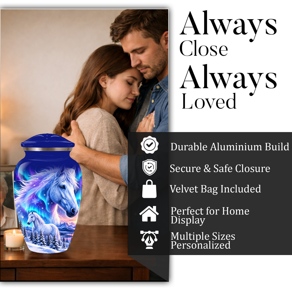 White Horse Cremation Urn for Adult Ashes, Blue Memorial Urn with Snowy Mountain and Northern Lights Artwork