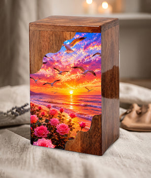 Personalized Sunset Beach Wooden Cremation Urn – Ocean Memorial Urn with Seagulls & Rose Garden