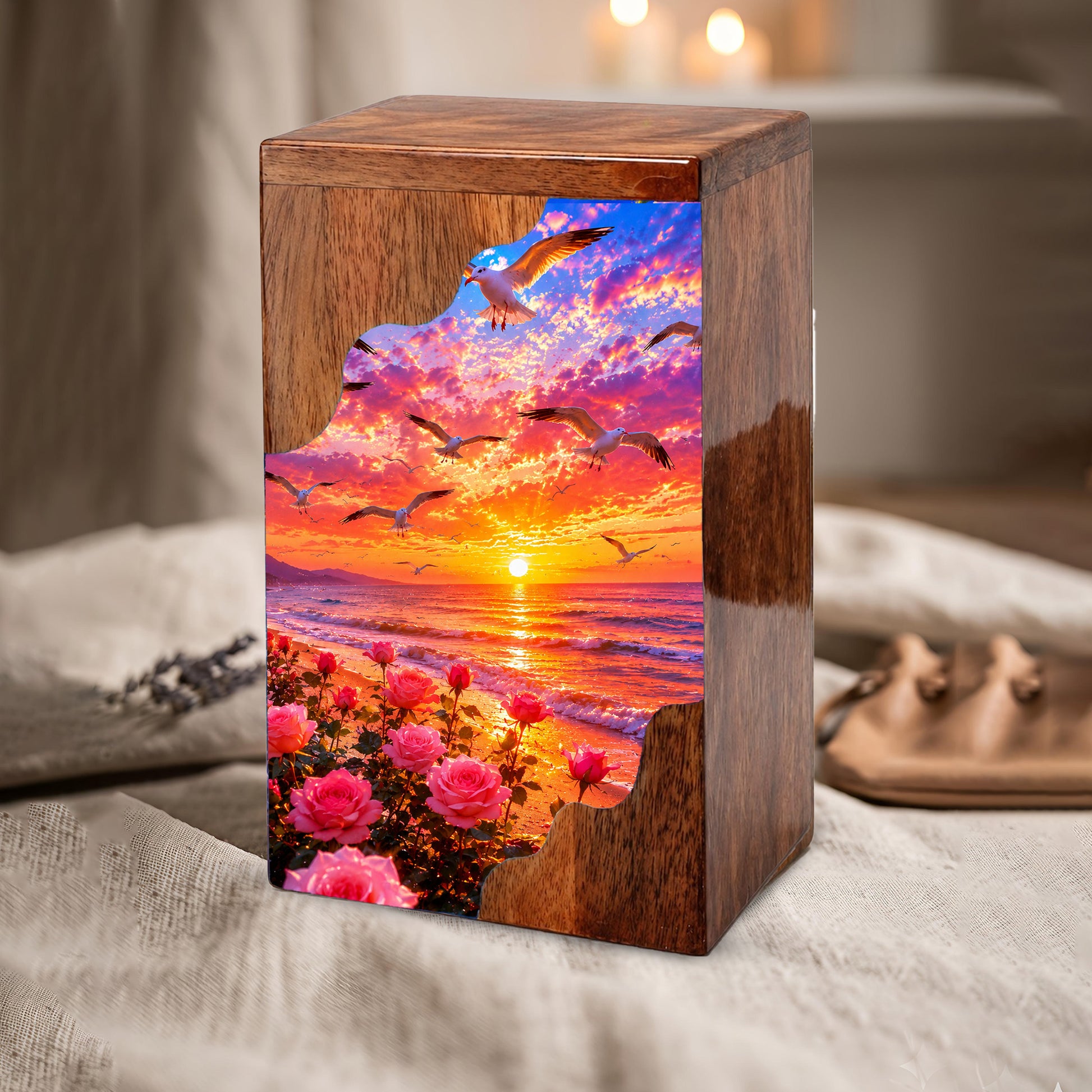 Personalized Sunset Beach Wooden Cremation Urn – Ocean Memorial Urn with Seagulls & Rose Garden