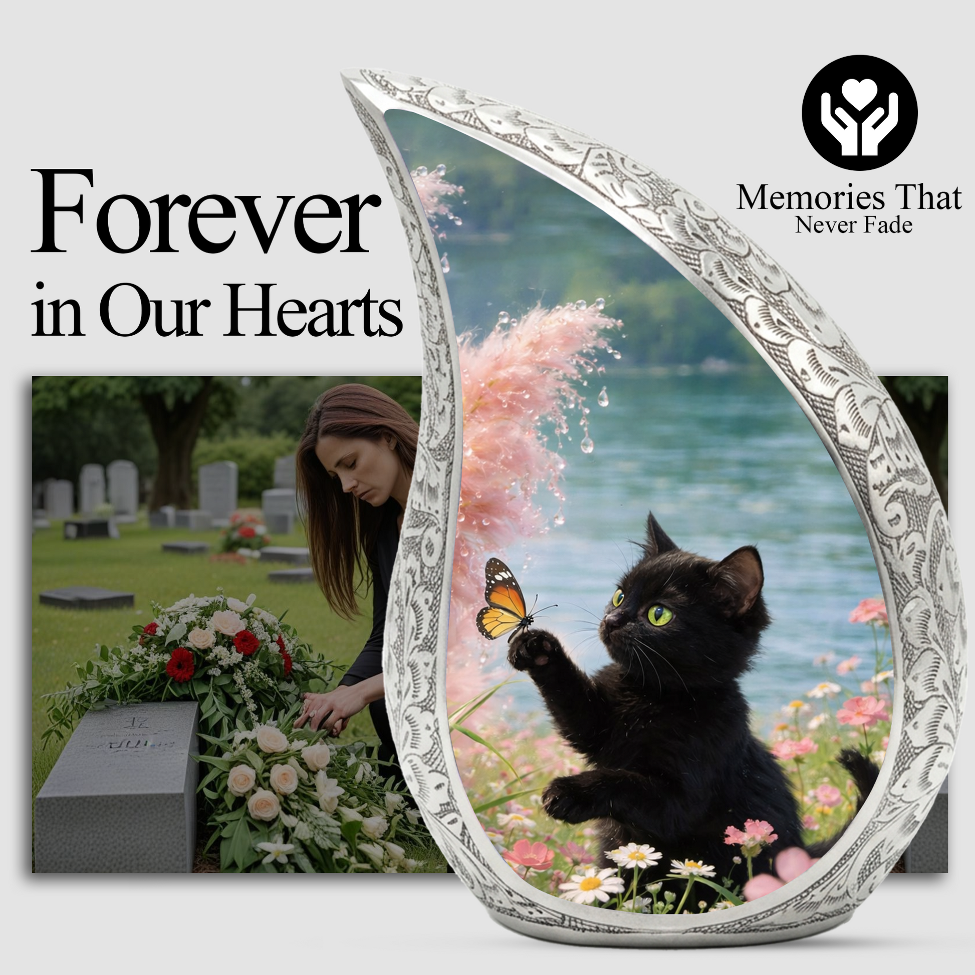 Butterfly Memorial Cat Urn - Black Cat Urn for Ashes, Custom Pet Urn for Cat