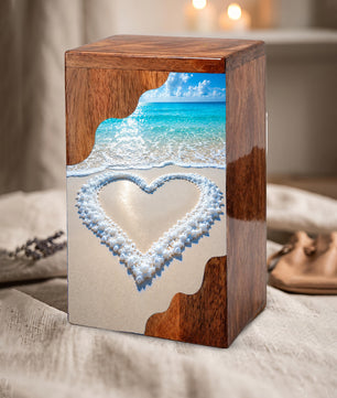 Heart in the Sand Wooden Cremation Urn – Personalized Memorial Urn for Human Ashes