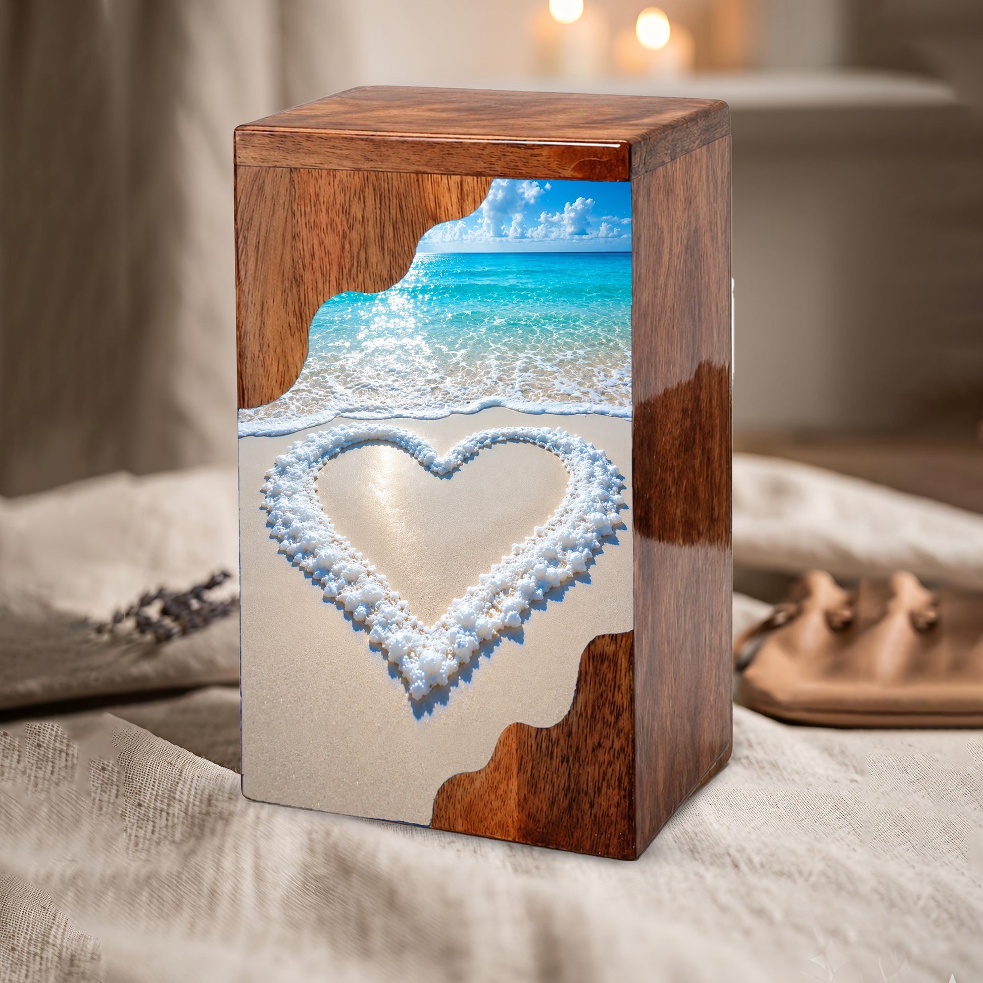 Heart in the Sand Wooden Cremation Urn – Personalized Memorial Urn for Human Ashes