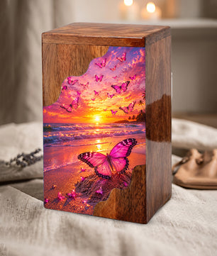 Butterfly Wooden Cremation Urn – Sunset Beach Memorial Urn for Ashes