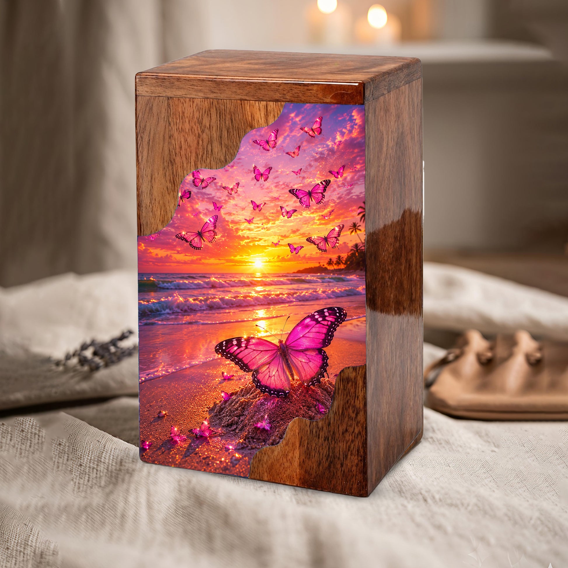 Butterfly Wooden Cremation Urn – Sunset Beach Memorial Urn for Ashes