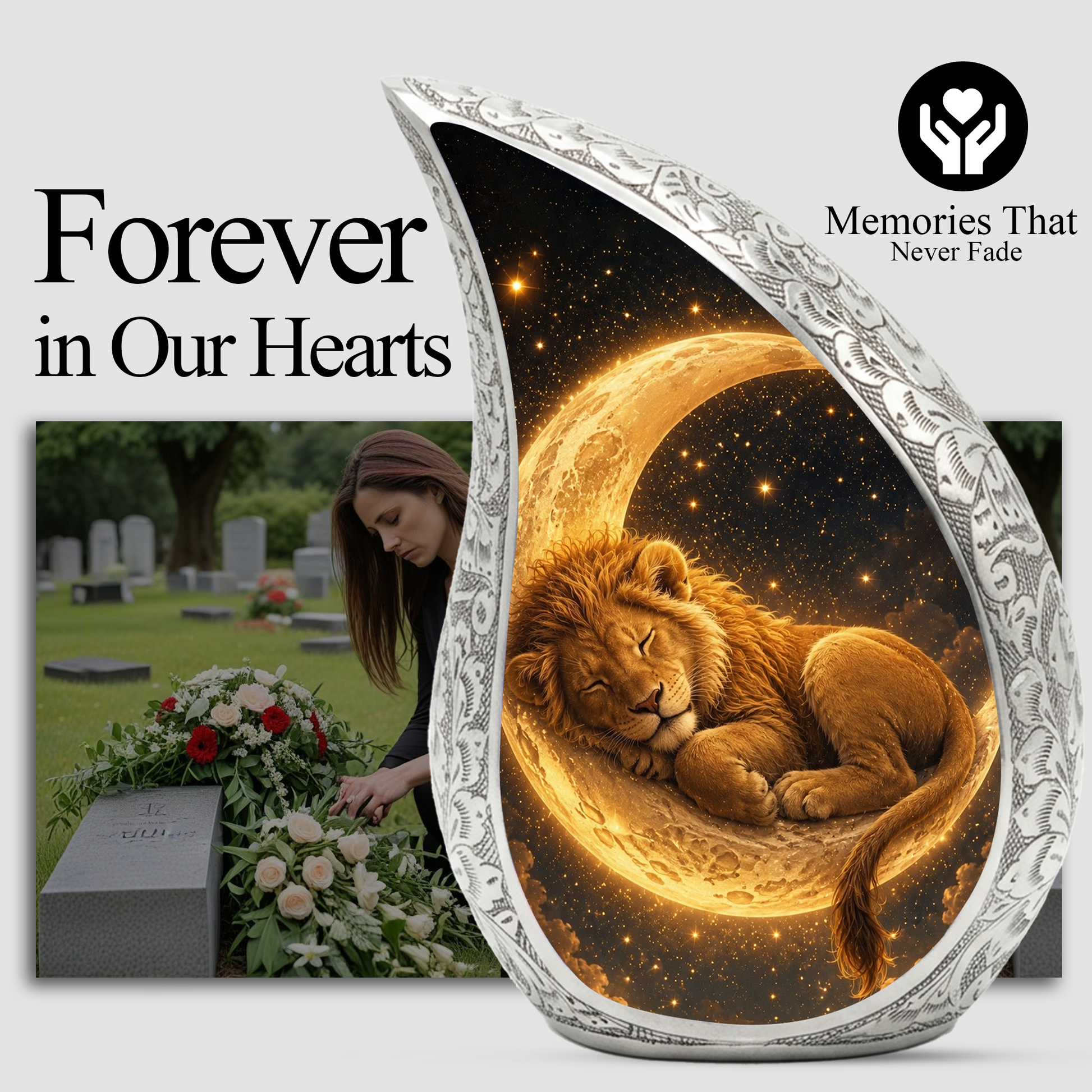 Sleeping Lion Moon Urn for Adult Ashes | Peaceful Adult Cremation Urn Memorial