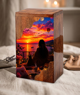 Sunset Balcony Wooden Cremation Urn – Peaceful Evening Memorial Urn with Ocean View Artwork