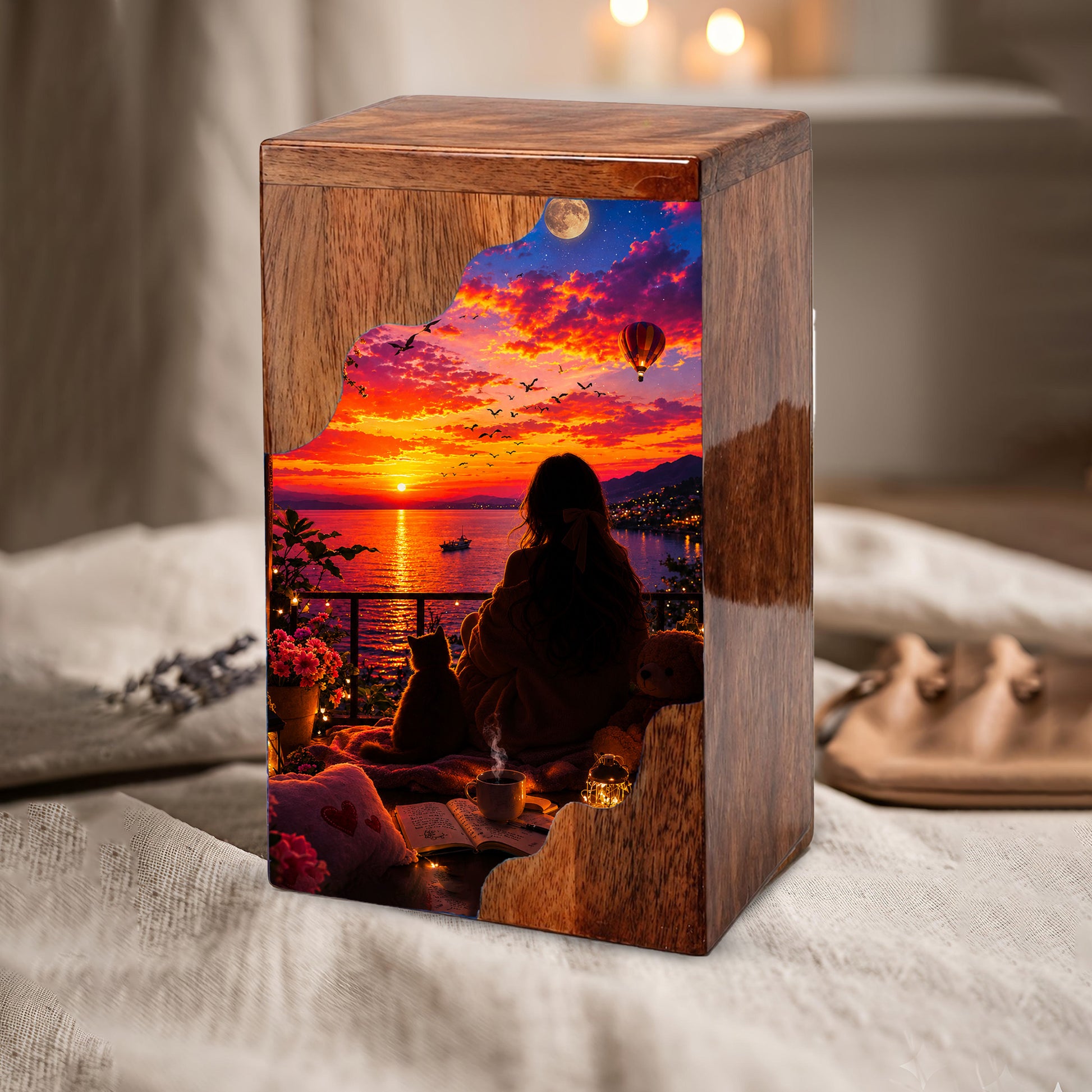 Sunset Balcony Wooden Cremation Urn – Peaceful Evening Memorial Urn with Ocean View Artwork