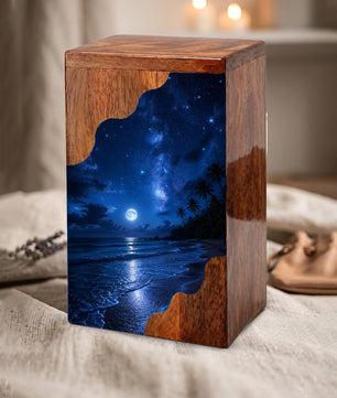 Moonlit Beach Wooden Cremation Urn – Ocean Memorial Urn for Human Ashes | Personalized Coastal Wooden Urn