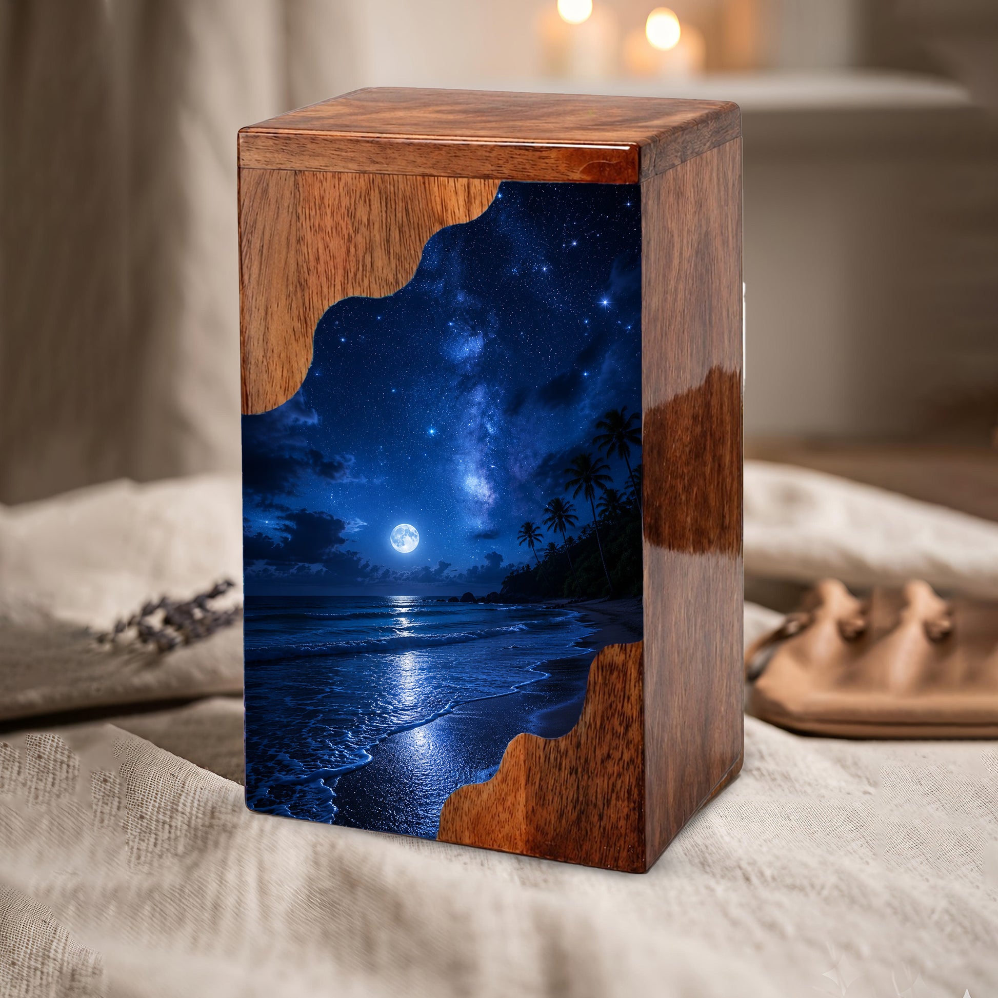 Moonlit Beach Wooden Cremation Urn – Ocean Memorial Urn for Human Ashes | Personalized Coastal Wooden Urn