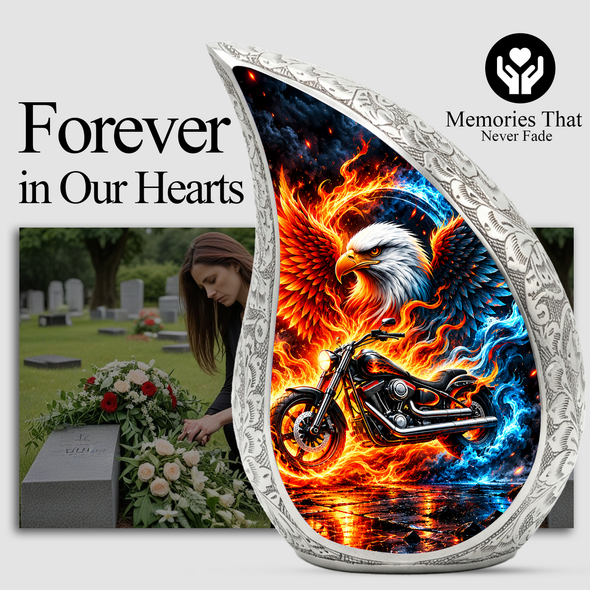 Motorcycle Cremation Urn for Ashes, Eagle Fire Memorial Urn